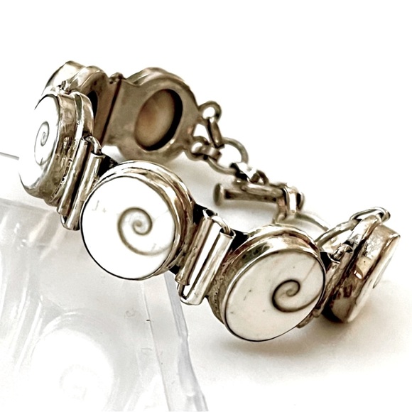 Vintage Pat Malin, Sterling Silver Ivory Swirl Shell Link Bracelet - Picture 1 of 6